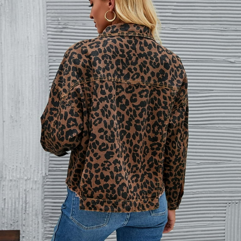 Tdoqot Womens Cropped Jean jackets Casual Leopard Print Button up