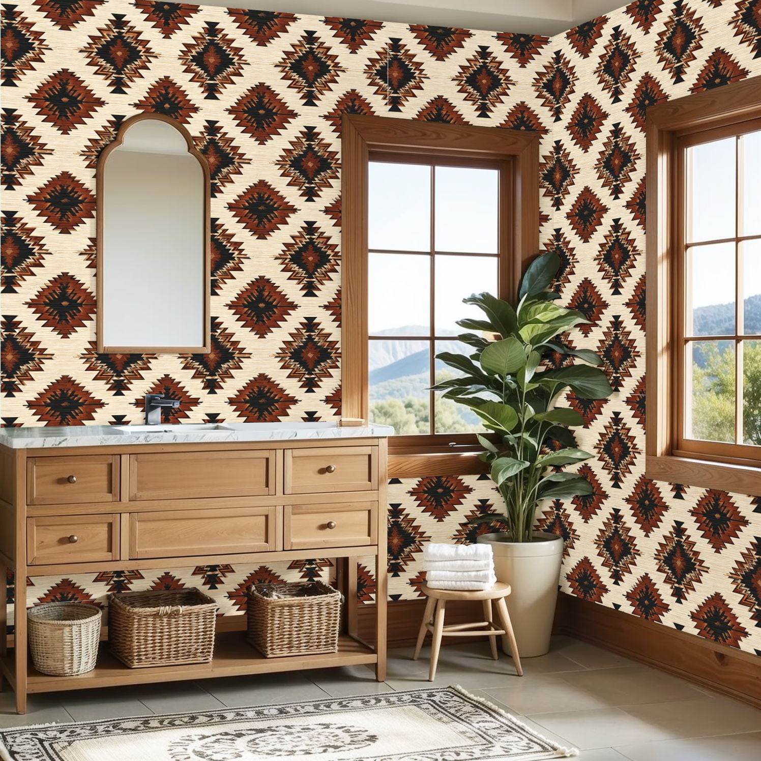 Aztec Peel and Stick Wallpaper Geometric Diamond Earthy Tones Vintage Texture Wall Mural 23.6in x 9.8ft Self Adhesive Removable Wall Paper Renter Friendly Wallpaper for Nursery Bedroom Cabinets