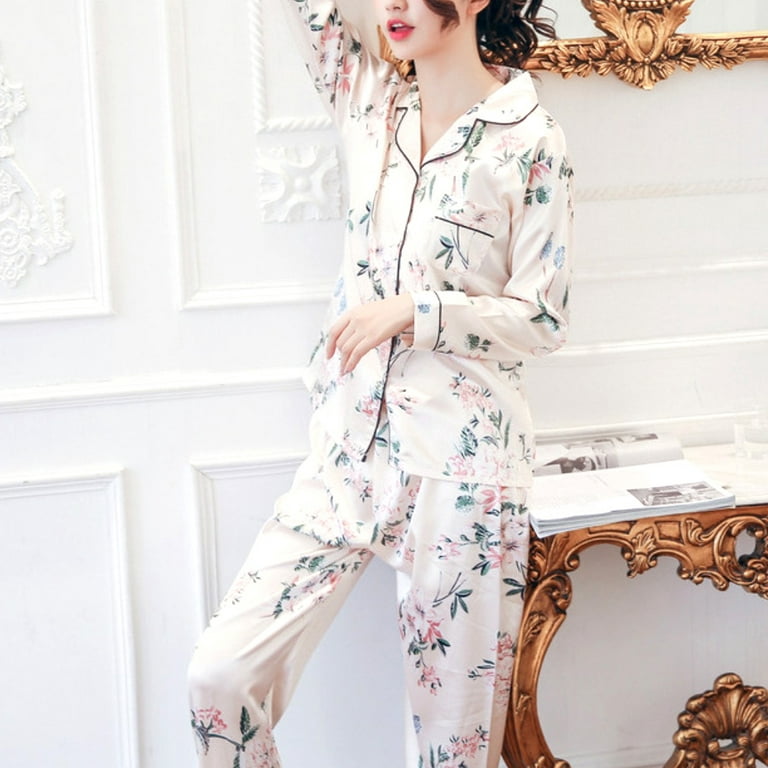 Pontos 2Pcs Women Floral Print Long Sleeve Top Pants Imitation Silk  Nightwear Pajama Set