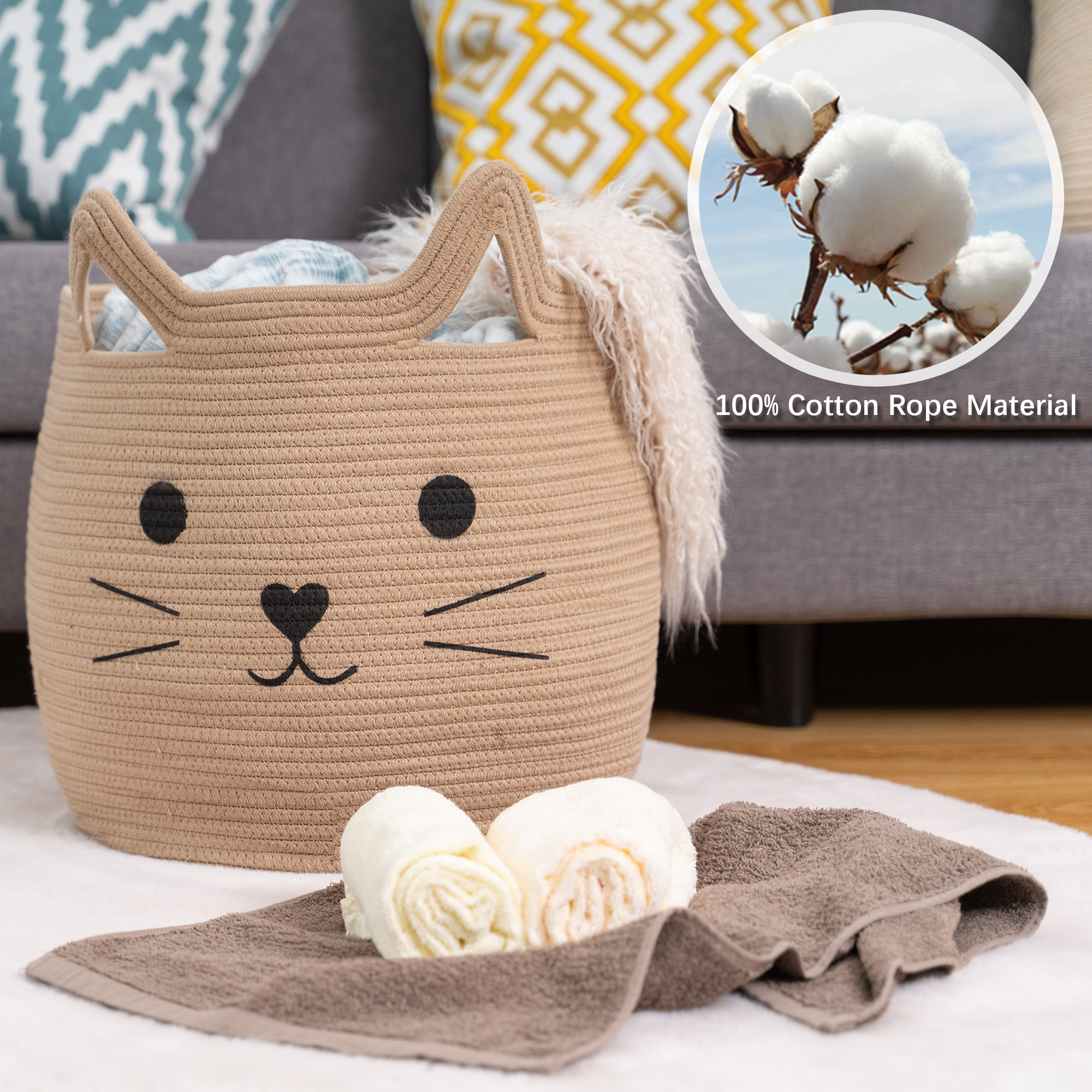 Large Woven Cotton Rope Storage Basket with Cat Animal Laundry Basket