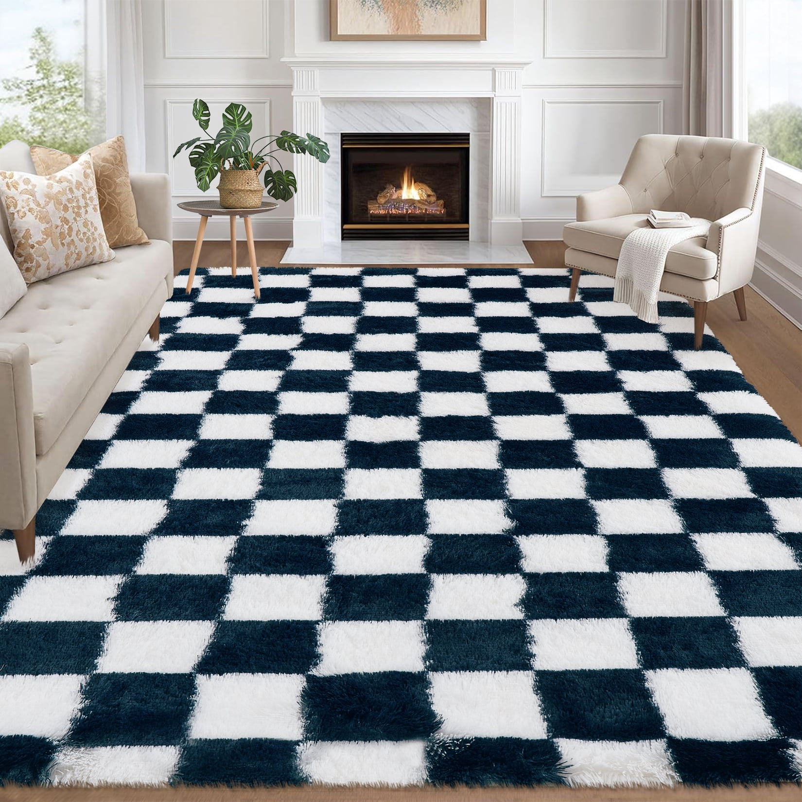COZONY 10x13 Checkered Thick Area Rug, Extra Large Ultra Soft Plush Shag Carpet with Non-Slip Back, Navy Blue