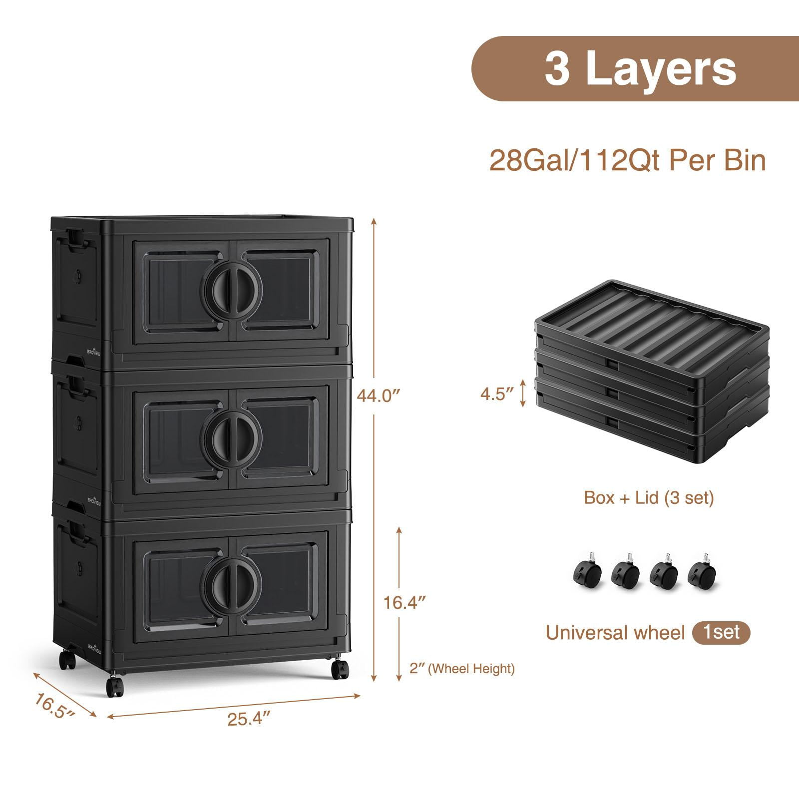 BROVIEW V9 90Gal Stackable Storage Bins, Plastic Collapsible Storage Bins with Lids and Wheels, Clothes Organizers and Storage Drawer, Folding Cabinets with Doors for Home, 3PCS Black