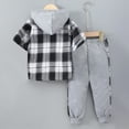 thumbnail image 4 of Godom Toddler Boy Clothes Spring Summer 2 Piece Outfit Boys 5T Clothes Short Sleeve Plaid Color Collision Hooded Pants Sets,Grey, 4 of 7