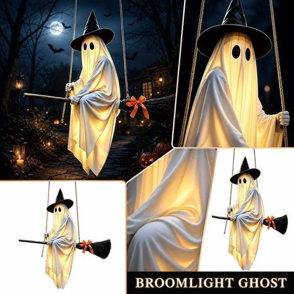 HaiSphere Halloween Flying Broomstick Ghost — Hanging Ornament with Witch Broom for Shelf Mantel, Classic Halloween Decor, Whimsical Accent for Party Room,C