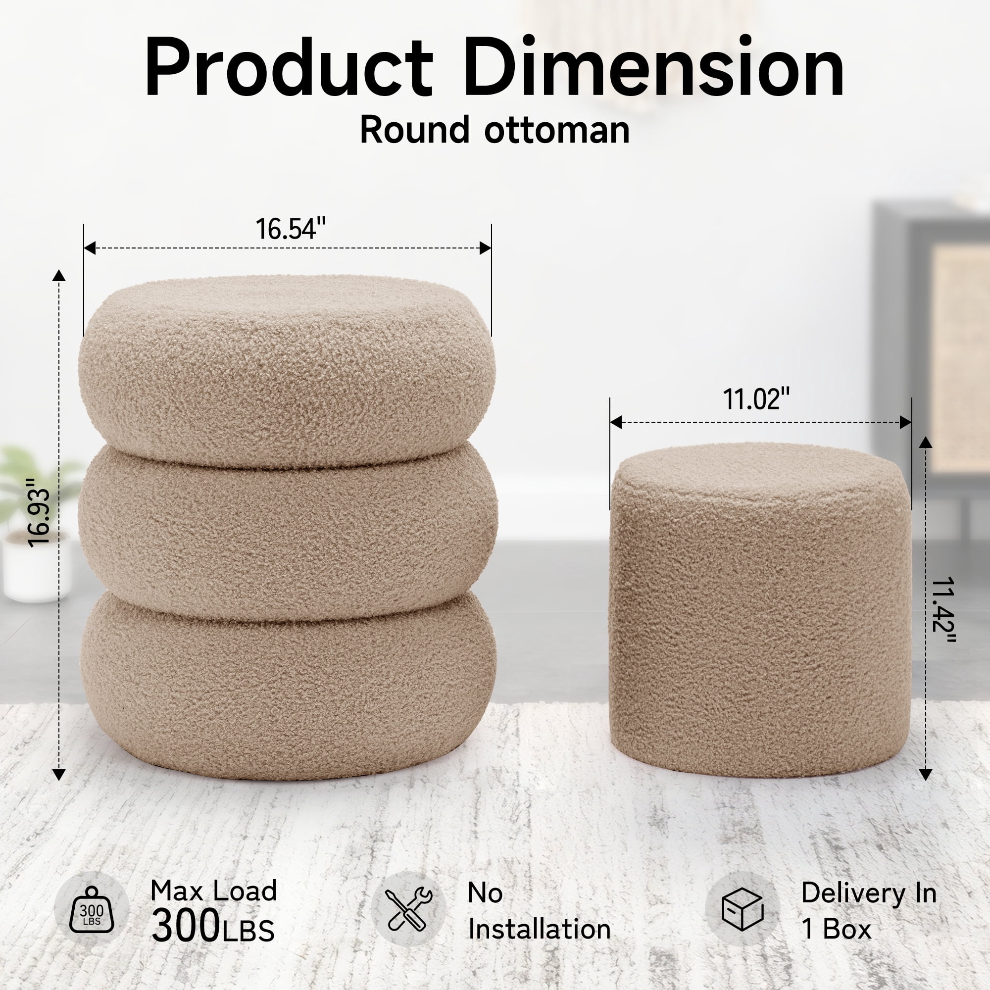 Korser Round Ottoman with Storage Set of 2,Upholstered Teddy Vanity Stool for Living Room,Bedroom,Khaki