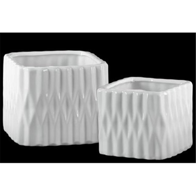 Urban Trends Collection 42964 Ceramic Short Square Vase with Embossed Diamond Design Body, White - Set of 2
