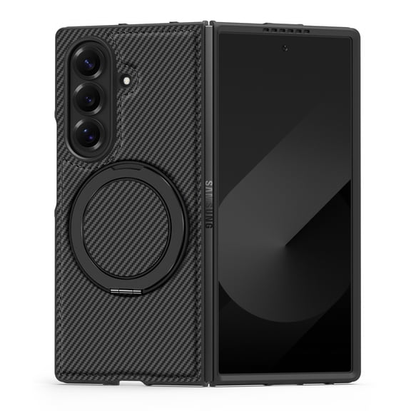 Dteck Magnetic Case for Samsung Galaxy Z Fold 7,Luxury Carbon Fiber Leather Compatible with Mag Safe Case with Ring Holder 360 Degree Adjustable Stand Slim Cover for Galaxy Z Fold 7,Black