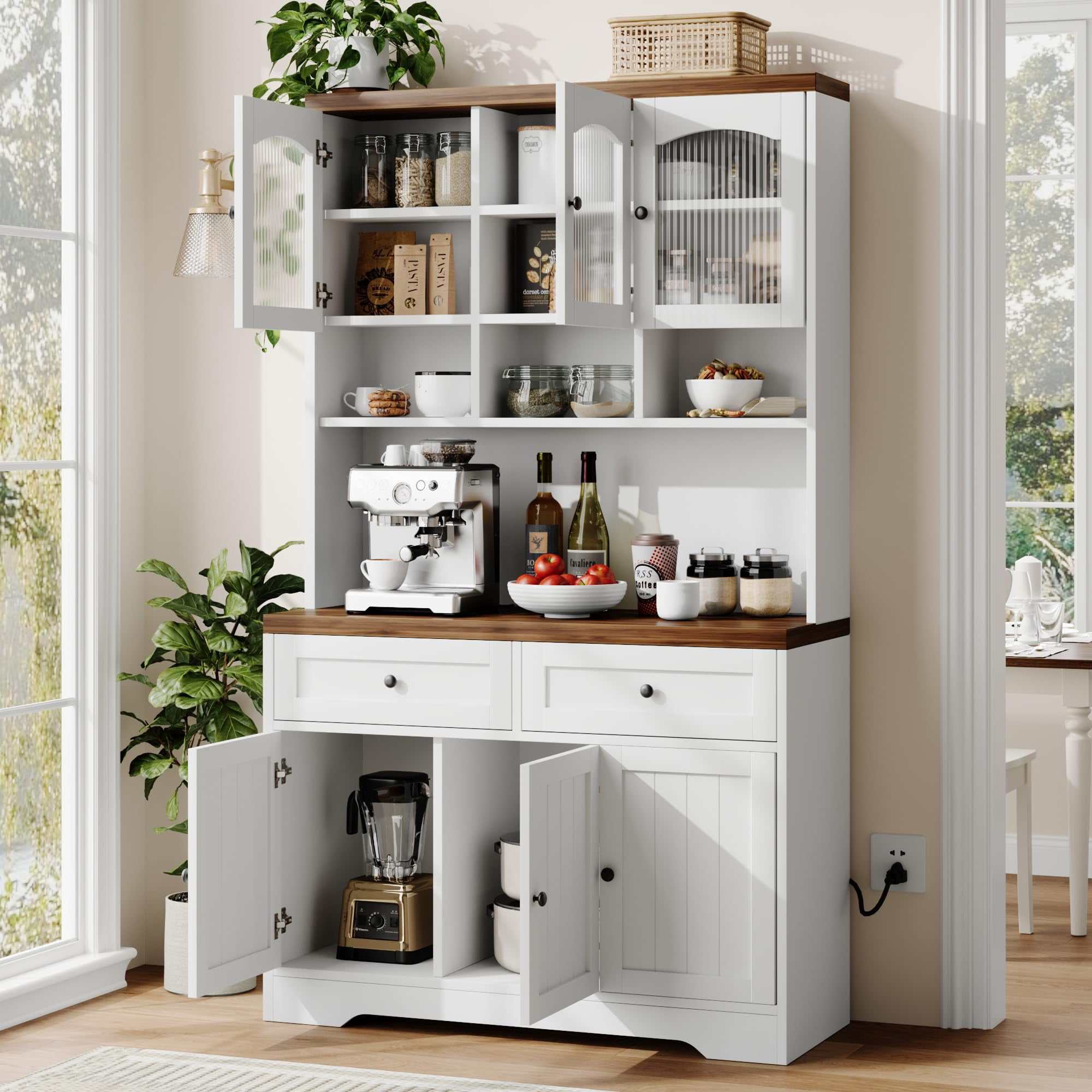 Gaderth Pantry Cabinet with Charging Station, Tall Kitchen Pantry Storage Cabinet with Hutch, 70.8 Inch Kitchen Cabinet, Kitchen Hutch with Storage Drawers, Fluted Glass Doors