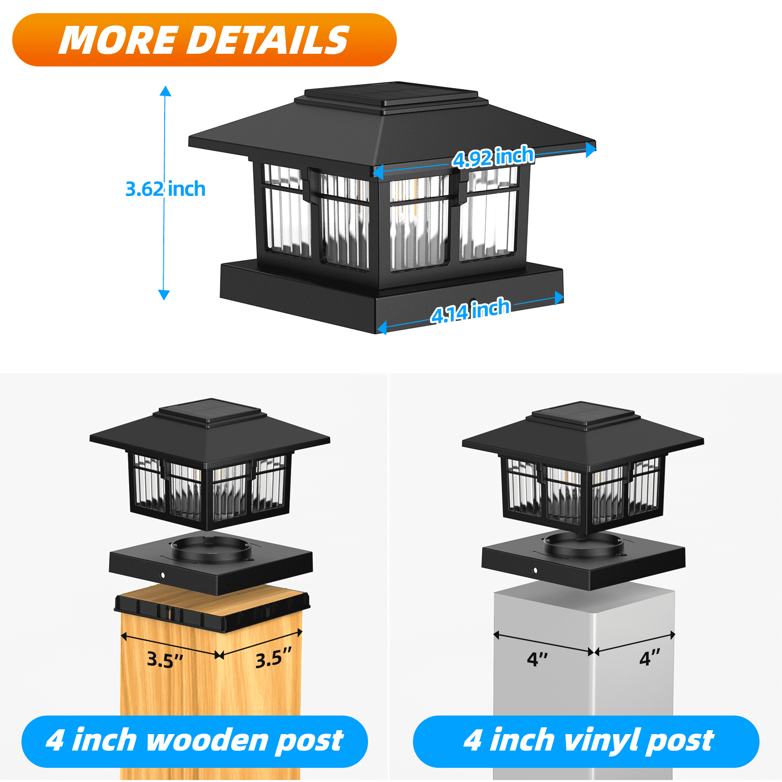 4x4 Solar Post Cap Lights, 6 Pack Fence Deck Post Lights Outdoor Solar Powered Waterproof with Two Light Modes Warm&Cool White for Garden Patio Decor (Black, 6)