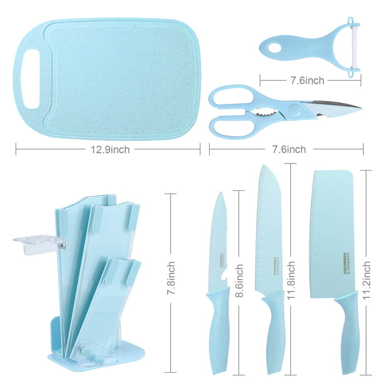 Hannah's Kitchen - Cute Knife Set Includes 3 Kitchen Knives, Ceramic Peeler and Multipurpose Scissor, Dishwasher Safe, Good for Beginners (Blue)