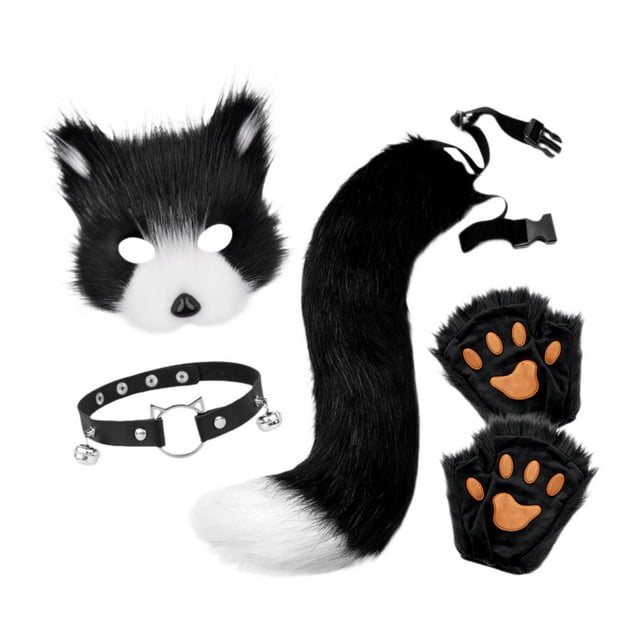 BELOVING Ensemble Collier et Queue d'Animal Visage d'Halloween pour Bal Boîte de Nuit Jeu de Rôle Noir Blanc