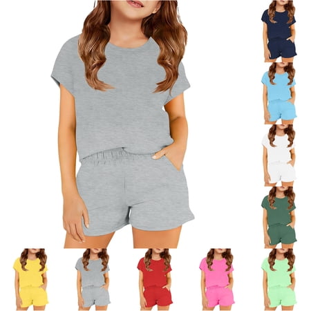 ZXLBBD Girls Casual Soft Color Basic Top and Shorts Comfort 2 Piece Play Outfits for Toddler and Kids Loose Fit Daily Wear Clothing Sets Grey Size 6 Y-7 Y