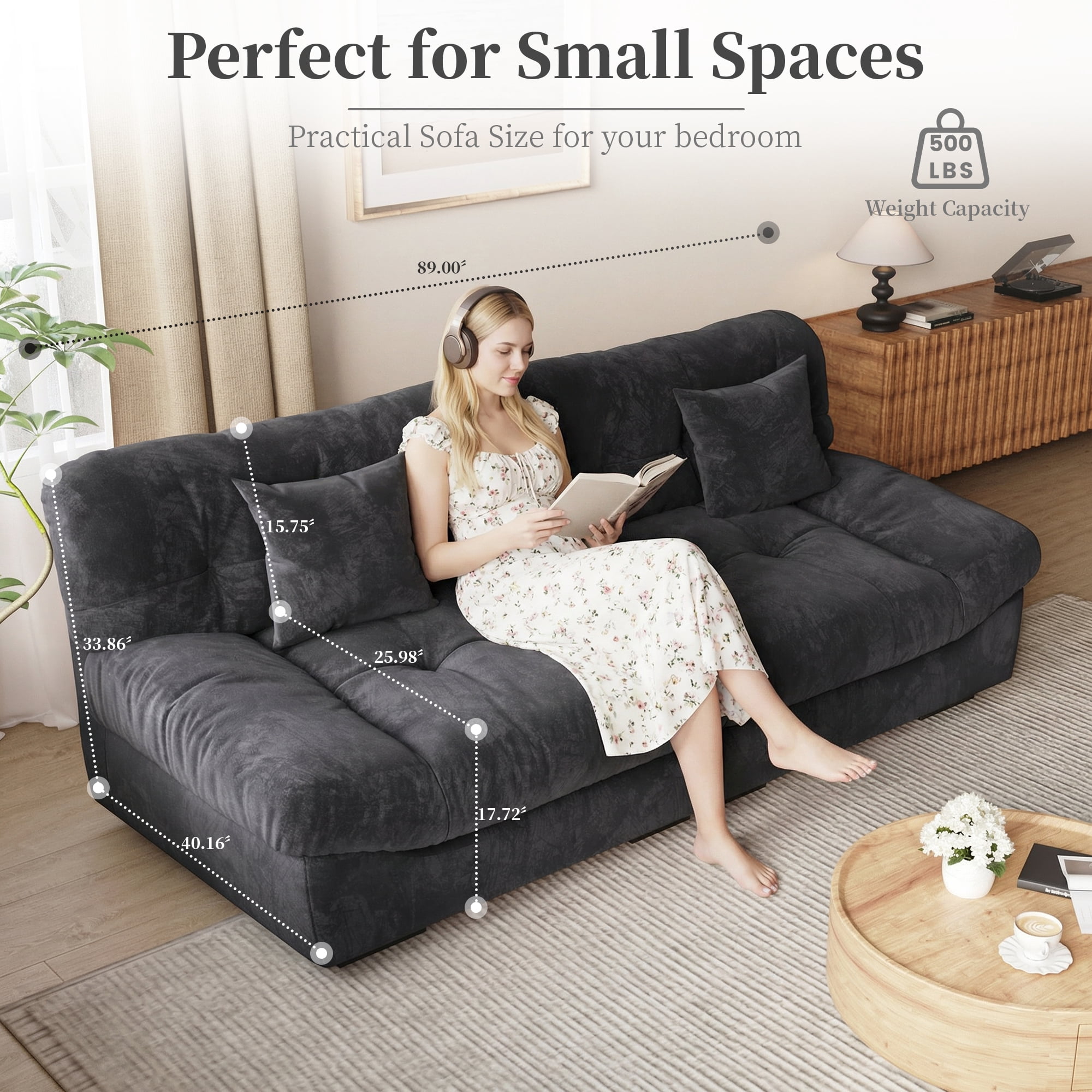 Magic Home 89" Cloud Sofa,Modern Velvet Couch,3-Seat Sofa for Living Room,Apartment and Small Space,Gray
