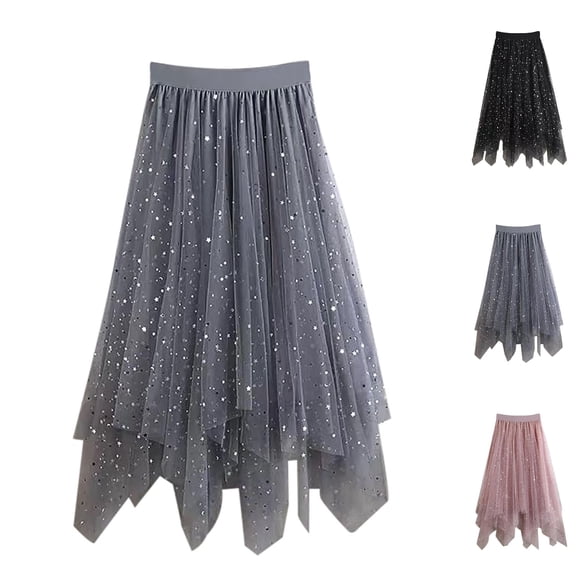 UJNDER Long Skirt Girls Kids Star Skirts for Long Skirt Tutu High Low Skirt Sparkly Layered Elastic Waist A Line Skirts for Girls Grey,13-14 Years