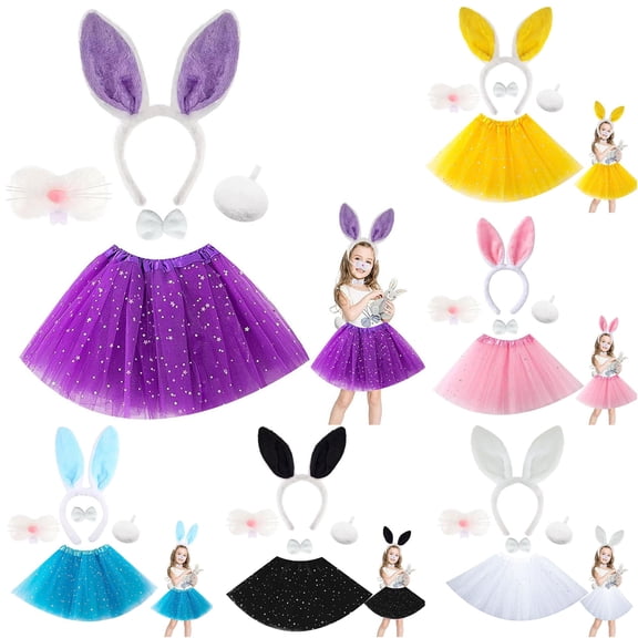 REDARER Kids Bunny Cosplay Set with Star Mesh Tutu Skirt Ear Headband Nose Tail Bow Accessory for Halloween Easter Trick or Treat Theme Party,4-10 Years