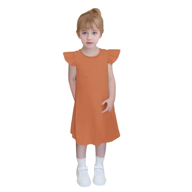 zbxnLI 4-14 Ans Robes Filles Manches Volantées Ligne A Robe d'Été Décontractée Couleur Unie Mignonne Mini Robes