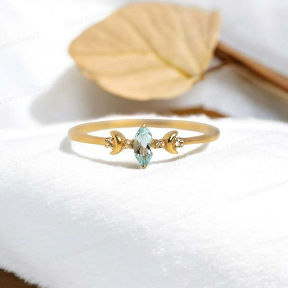 CHIRAGEMSJEWEL Marquise Cut Aquamarine & Diamond Moon Ring , 0.75ct / 3X6MM - Art Deco Women Bredsmaid Jewelry Promise Gift for Wife