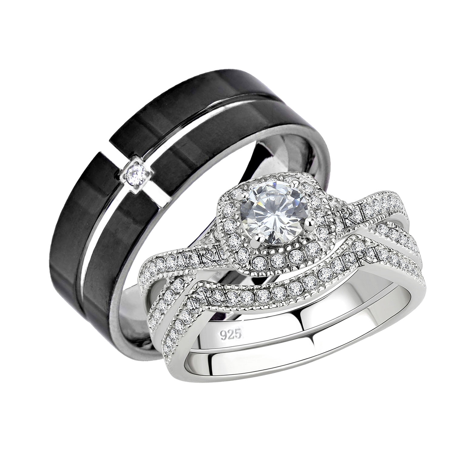 His Hers CZ 925 Sterling Silver Black Titanium Engagement Wedding Ring Band Set 