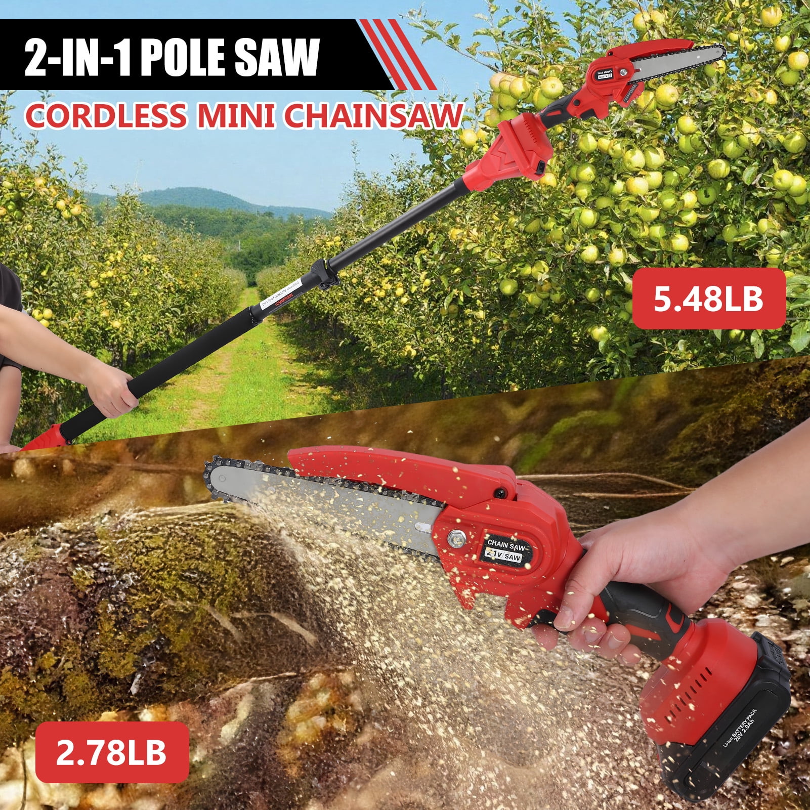 2-in-1 Brushless Cordless Pole Saw,6+8in Mini Chainsaw & Pole Saw with 2pcs 2.0A Batteries, 13.6ft Max Reach Brach Tree Saw Telescoping Extension Rod for Wood Tree Trimming Wood Cutting,Red