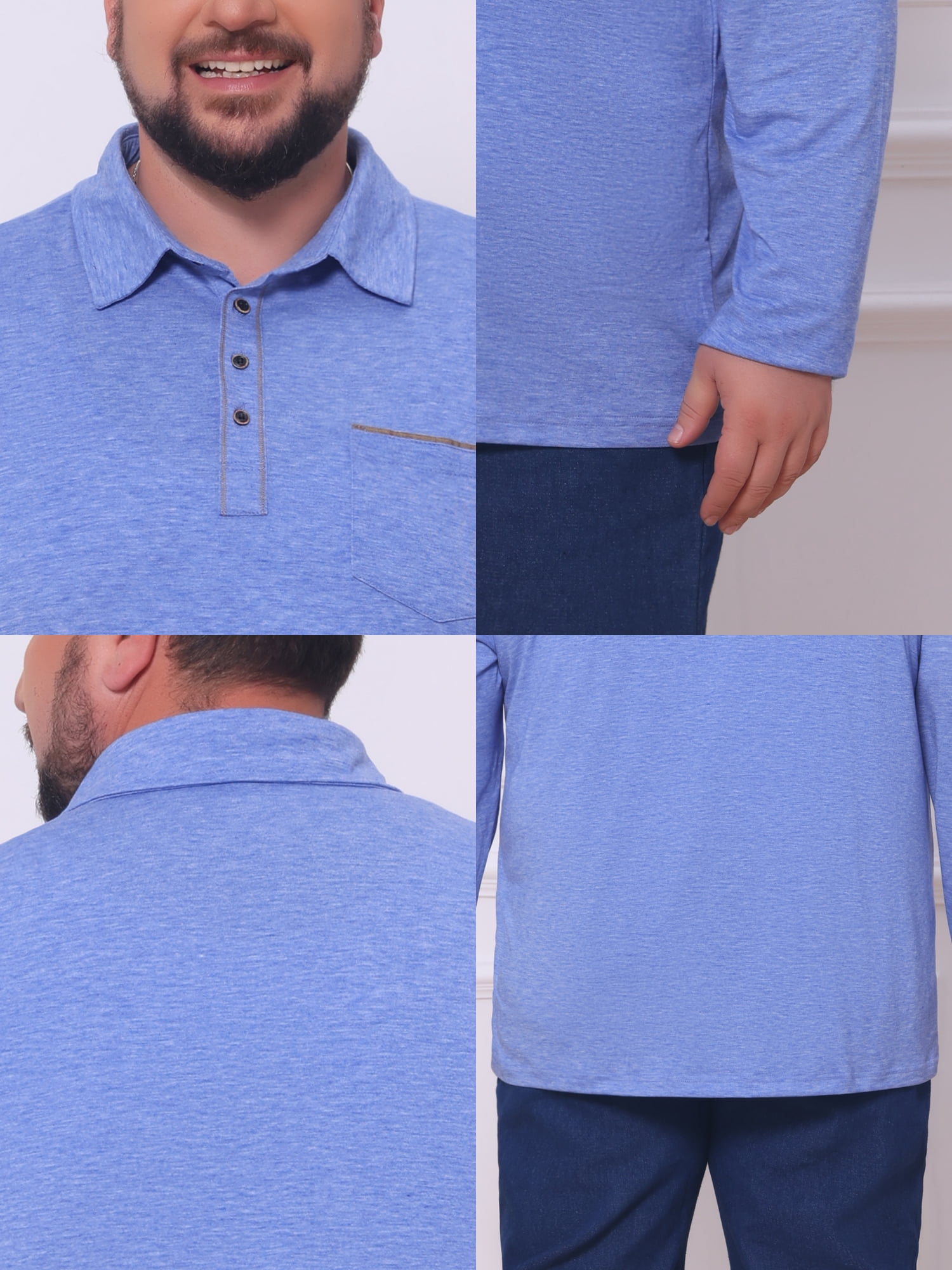 DARING DIVA Men's Big Tall Chest Pocket Long Sleeve Business Polo Shirt XL Blue