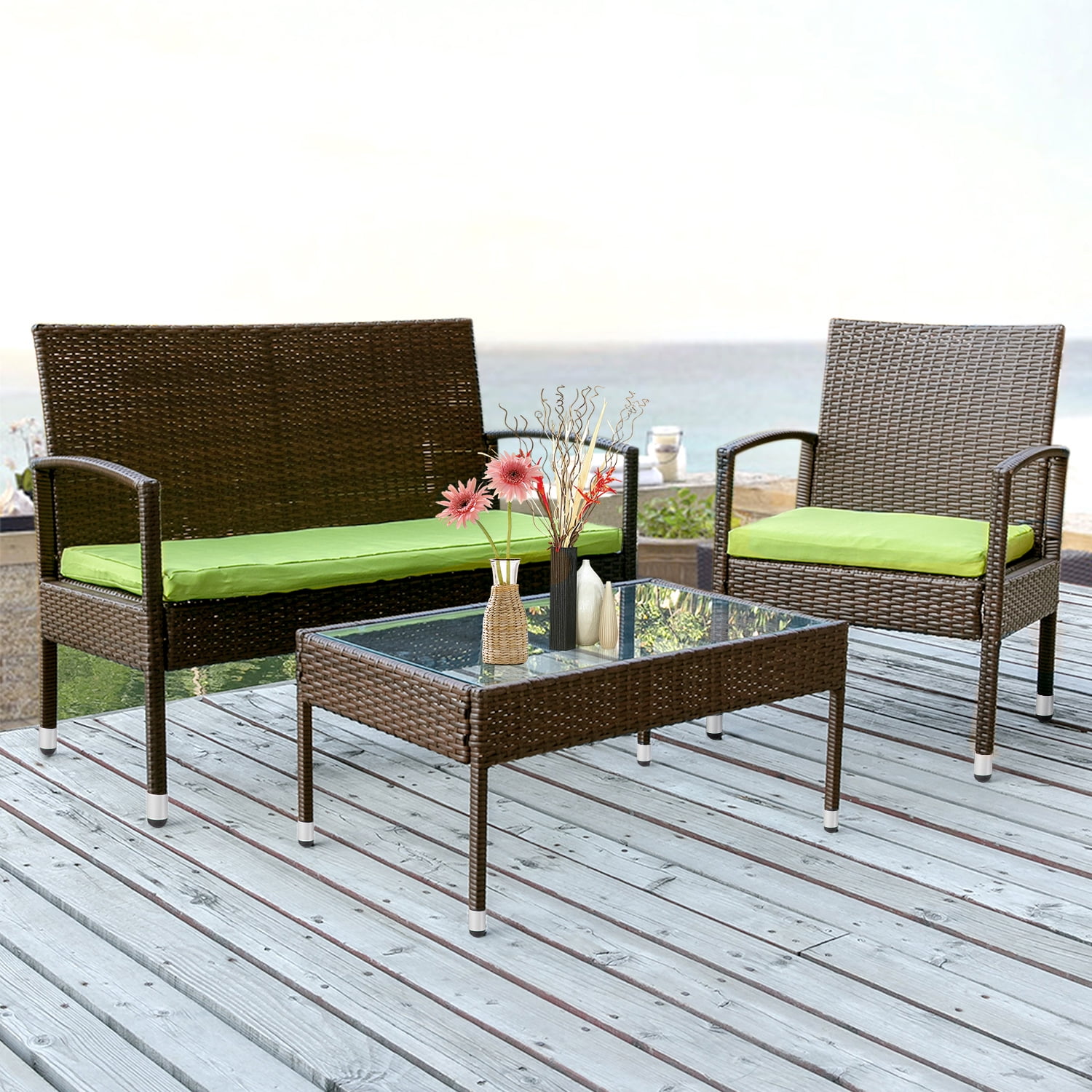 Kepooman 4 Piece Patio Ratten Dining Set, Outdoor Sofa Seating Group with Cushions - Green Kepooman 4 Piece Patio Ratten Dining Set, Outdoor Sofa Seating Group with Cushions - Green