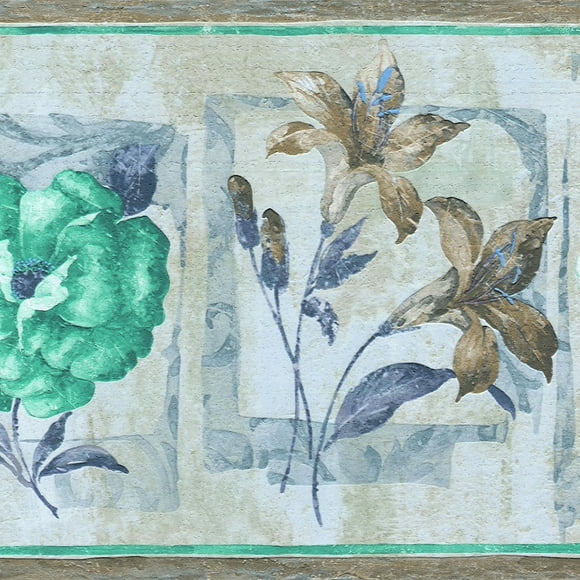 Dundee Deco's Peel and Stick Wallpaper Border - Abstract Teal Blue Flowers in shapes Wall Border Retro Design, 15 ft x 7 in (4.57m x 17.78cm), Self Adhesive
