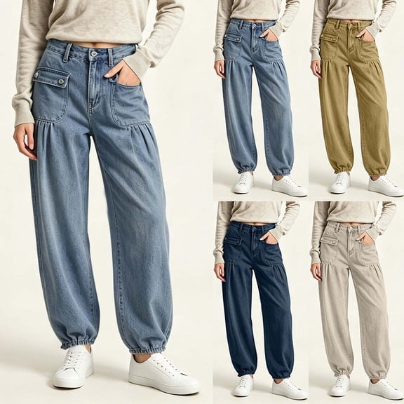 Miqool Cargo Jean Joggers for Women High Waisted Drawstring Elastic Waist Stretch Denim Pants with Pockets