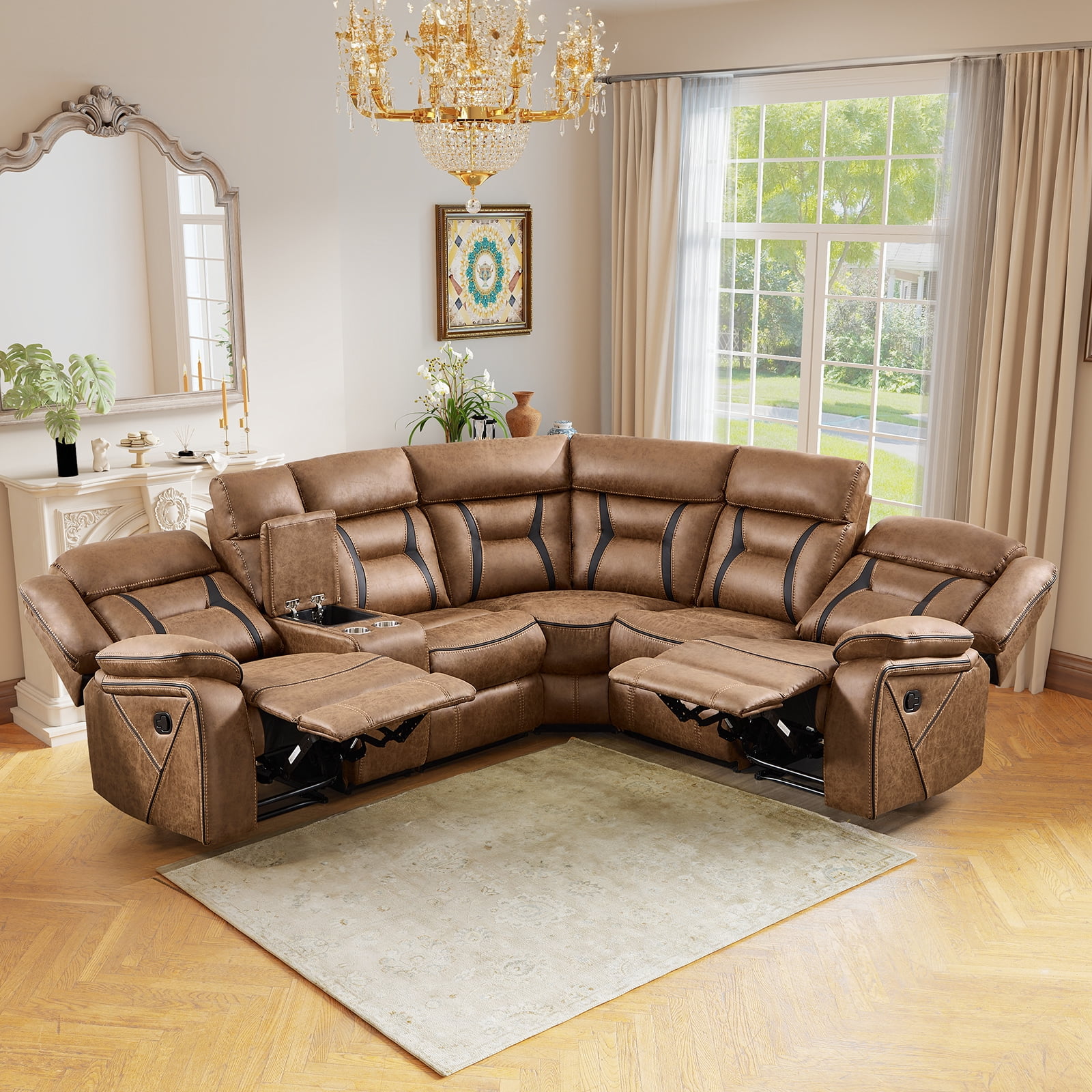 Bonzy Home 5‑Seat Reclining Chair Sofa with Center Console, Hidden Storage & Cup Holders Couch for Living Room & Meeting Room