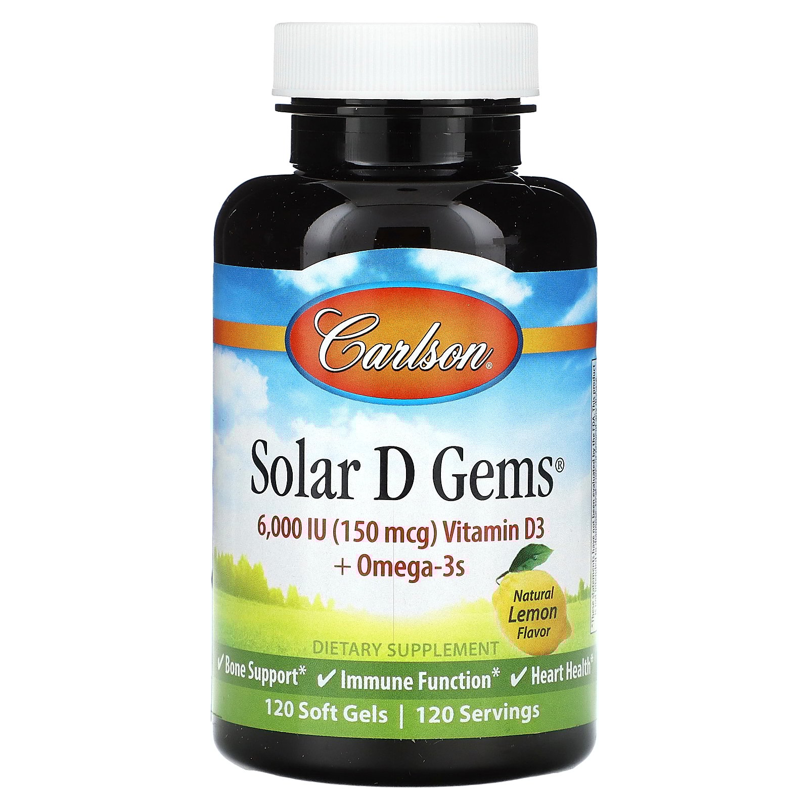 Carlson Solar D Gems® , Vitamin D3   Omega-3s, Natural Lemon, 120 Soft Gels