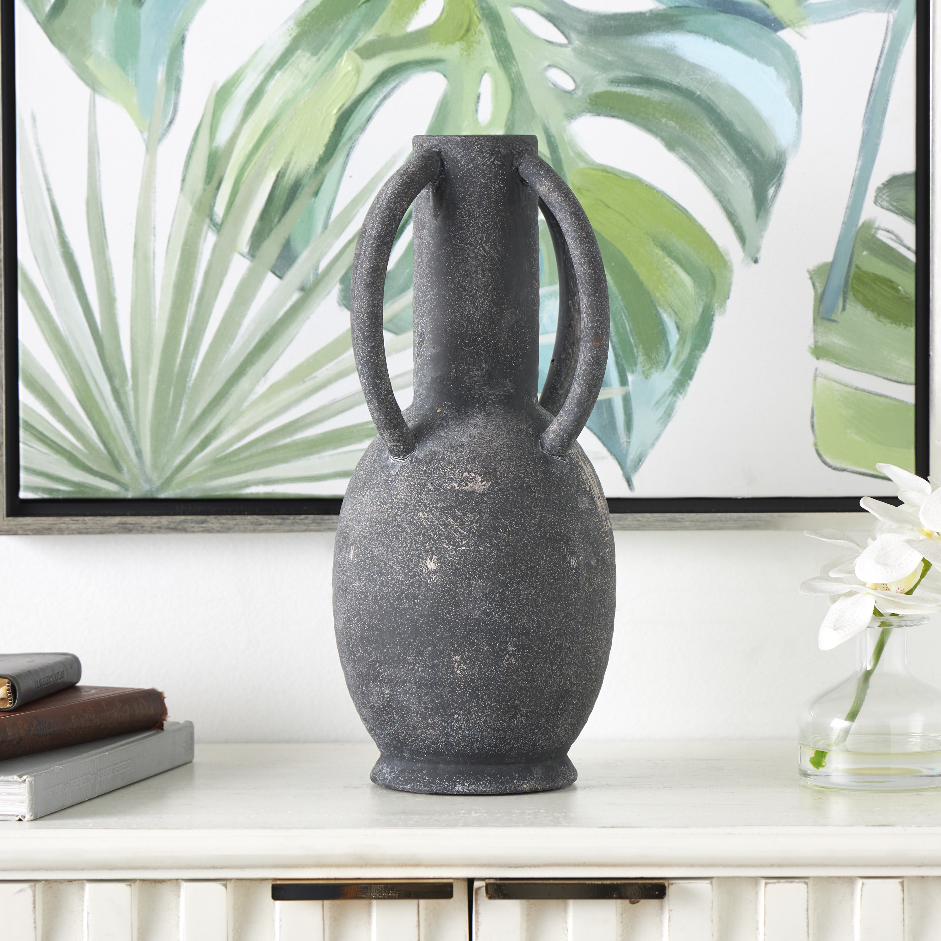 DecMode 15" Textured Whitewashed Gray Ceramic Vase with 4 Handles