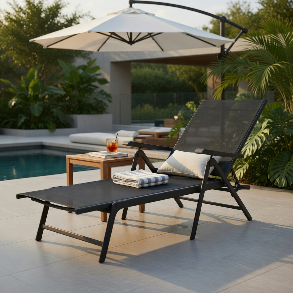 Hommoo Foldable Outdoor Chaise Lounge Chair with Adjustable Backrest & Footrest, Steel Frame, Breathable Fabric, Perfect for Patio, Poolside & Garden, Black