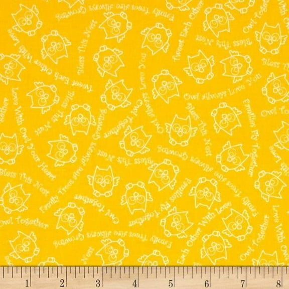 "Owl in the Family" Yellow and White 100% Cotton Fabric Sold by the Yard