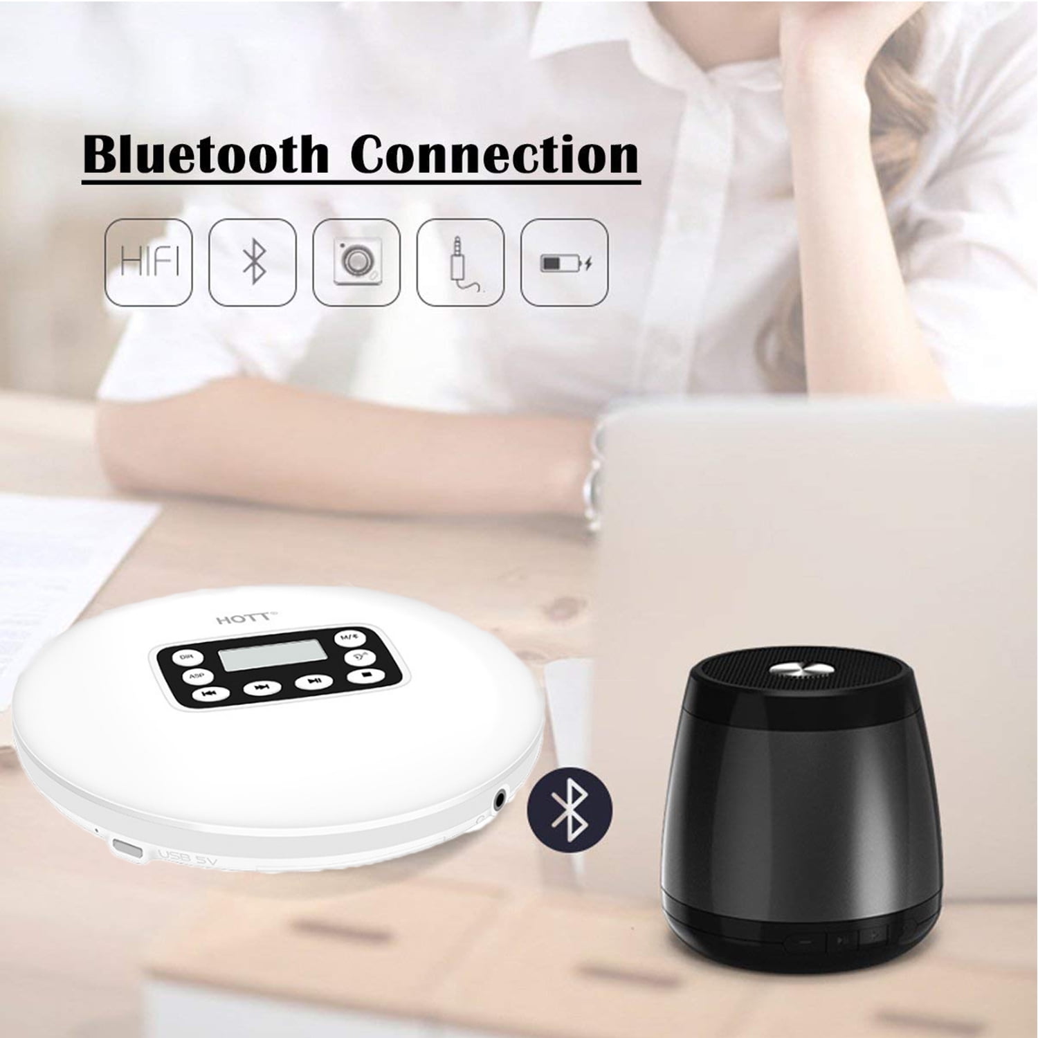 MEGICOT Portable Bluetooth 5.0 CD Player with LED Display, Rechargeable, Anti-Skip Protection, Anti-Shock, Headphone Jack Personal CD Music Disc Player (White)