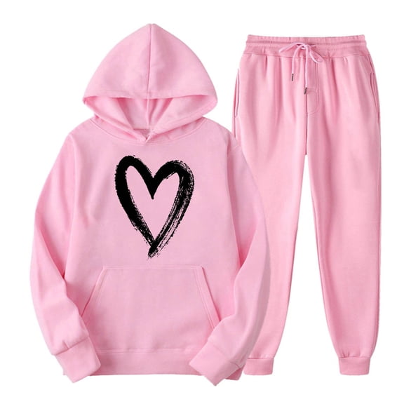 USSUMA Sweat Sets for Women 2 Piece Hoodies Womens Long Sleeved Pullover Sweatpant Outfits Pocket Drawstring Print Tracksuit Stretchy Waist Casual Jogger Sets Plus Size Workout Fall Suit