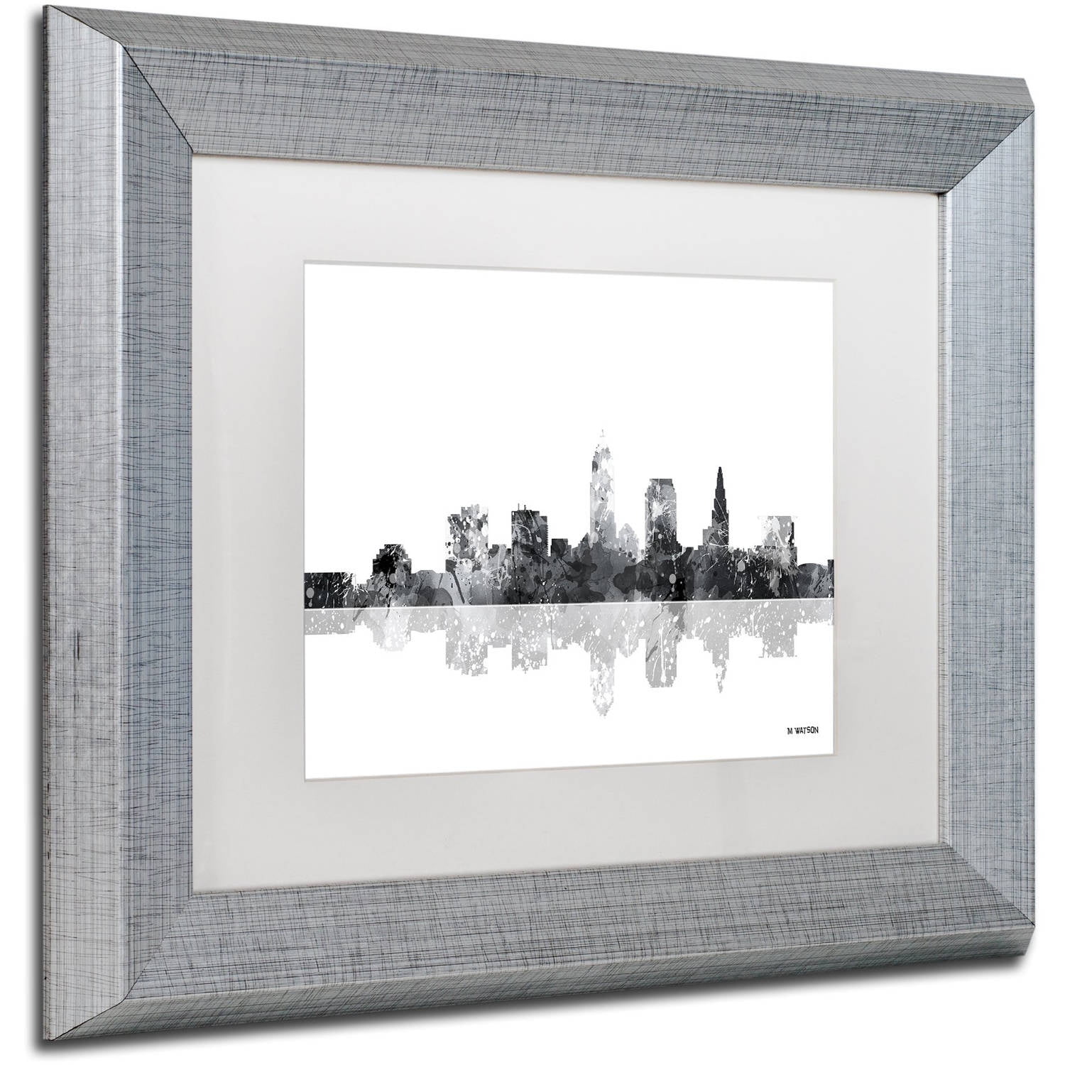 Trademark Fine Art "Cleveland Ohio Skyline BG-1" Canvas Art by Marlene Watson, White Matte, Silver Frame