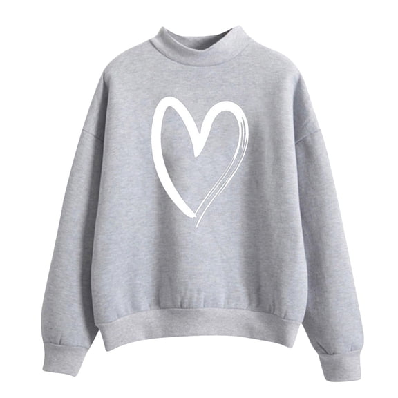Womens Basic Tops Fall Winter Loose Fit Crew Neck Long Sleeve Dolman Cold Shoulder Ribbed Knit Heart Print Leisure Cotton Sweatshirt (Grey,M)