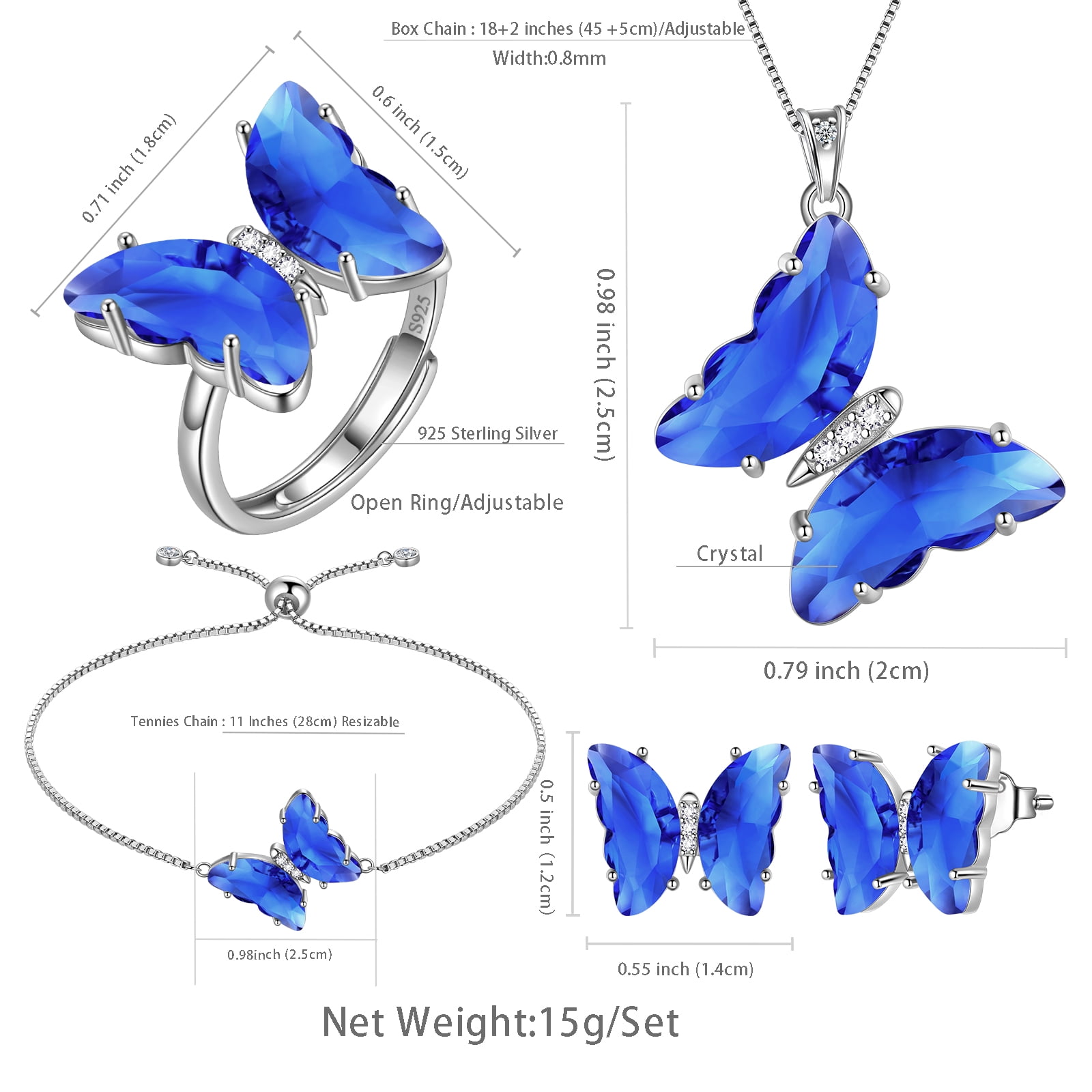 Blue Butterfly Jewelry Sets 5PCS,Necklace Earrings Bracelet Ring September Birthstone Jewelry Set Sapphire Crystal Sterling Silver Women Mother's Day Gift