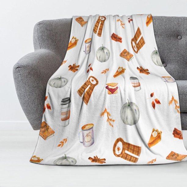 Manta de lujo difusa para otoño, con diseño de café, calabaza, pastel y especias, para sofá, ligera, acogedora, suave y cálida, para sofá, cama, sala de estar, en otoño, 80 x 60 pulgadas
