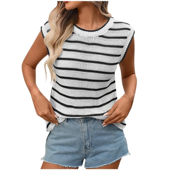 YUGYXL Women Striped Knit Sweater Tank Tops Sleeveless Crewneck Summer Lightweight Shirts Casual Comfy Beach Tees Black S
