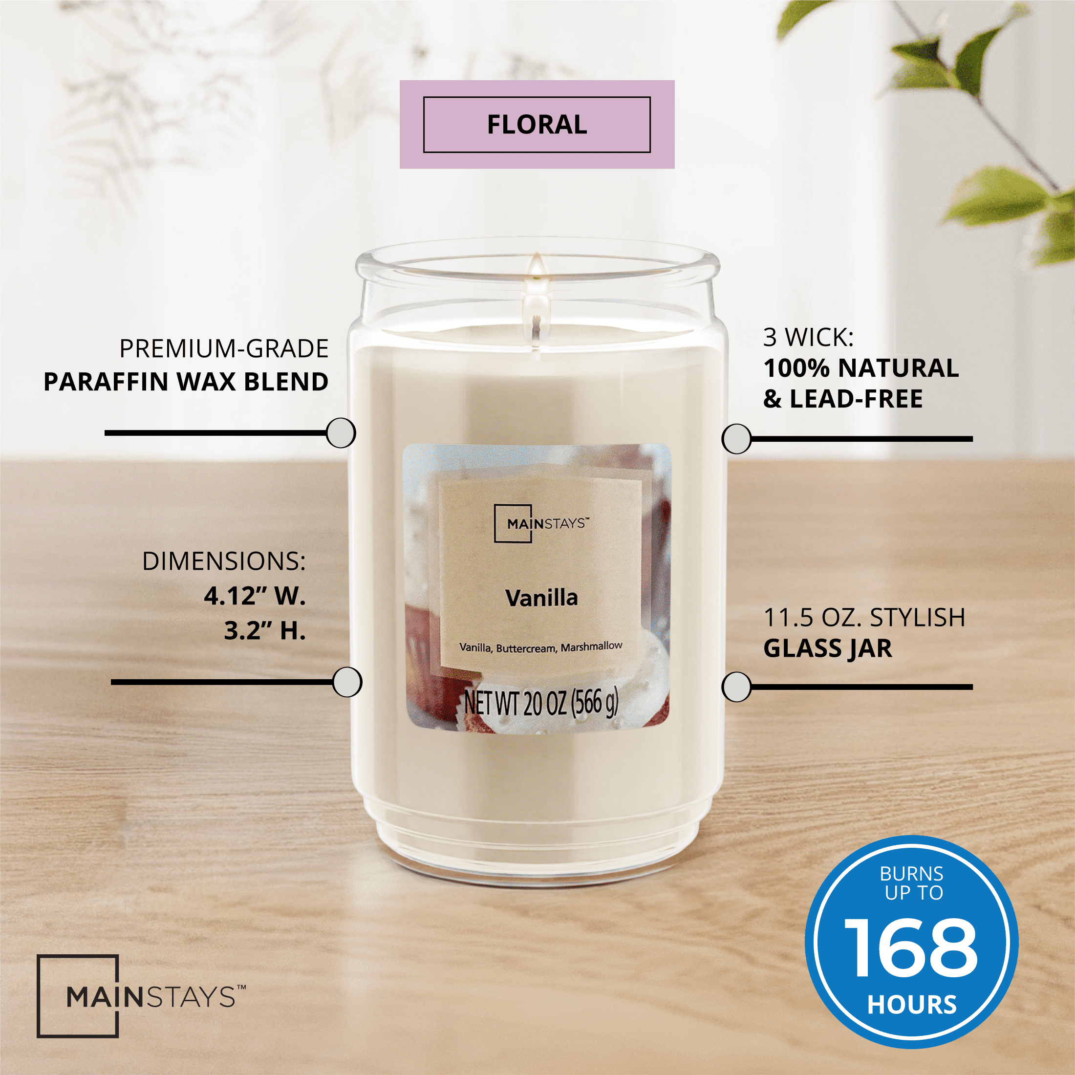 Mainstays Single-Wick Scented Glass Jar Candle, Vanilla, 20oz.