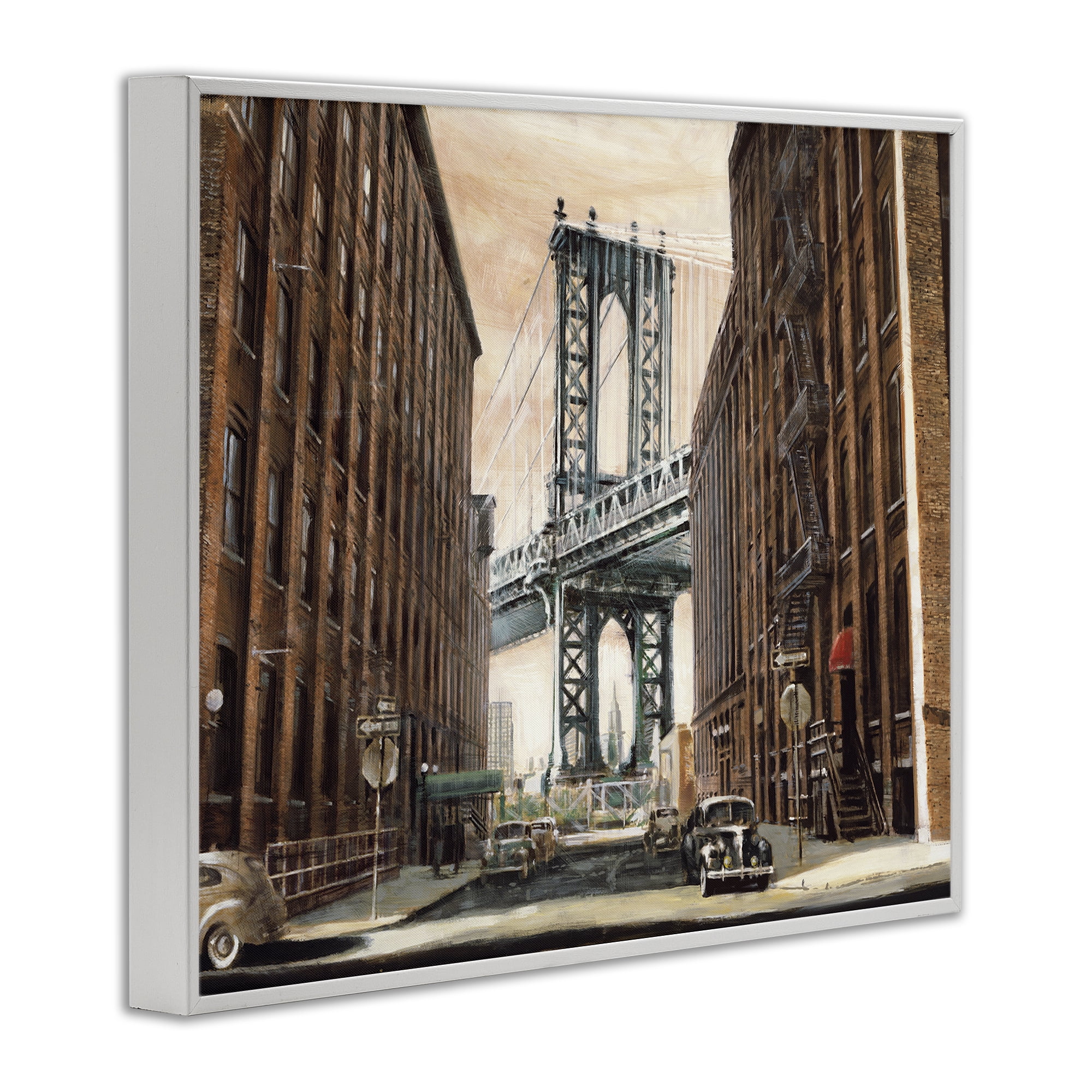 Stupell Industries Cityscape with Bridge View Scenery Painting White Framed Art Print Wall Art, 30 x 24