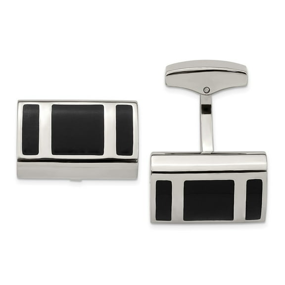 Primal Steel Stainless Steel Polished Black Rubber Rectangle Cuff Links