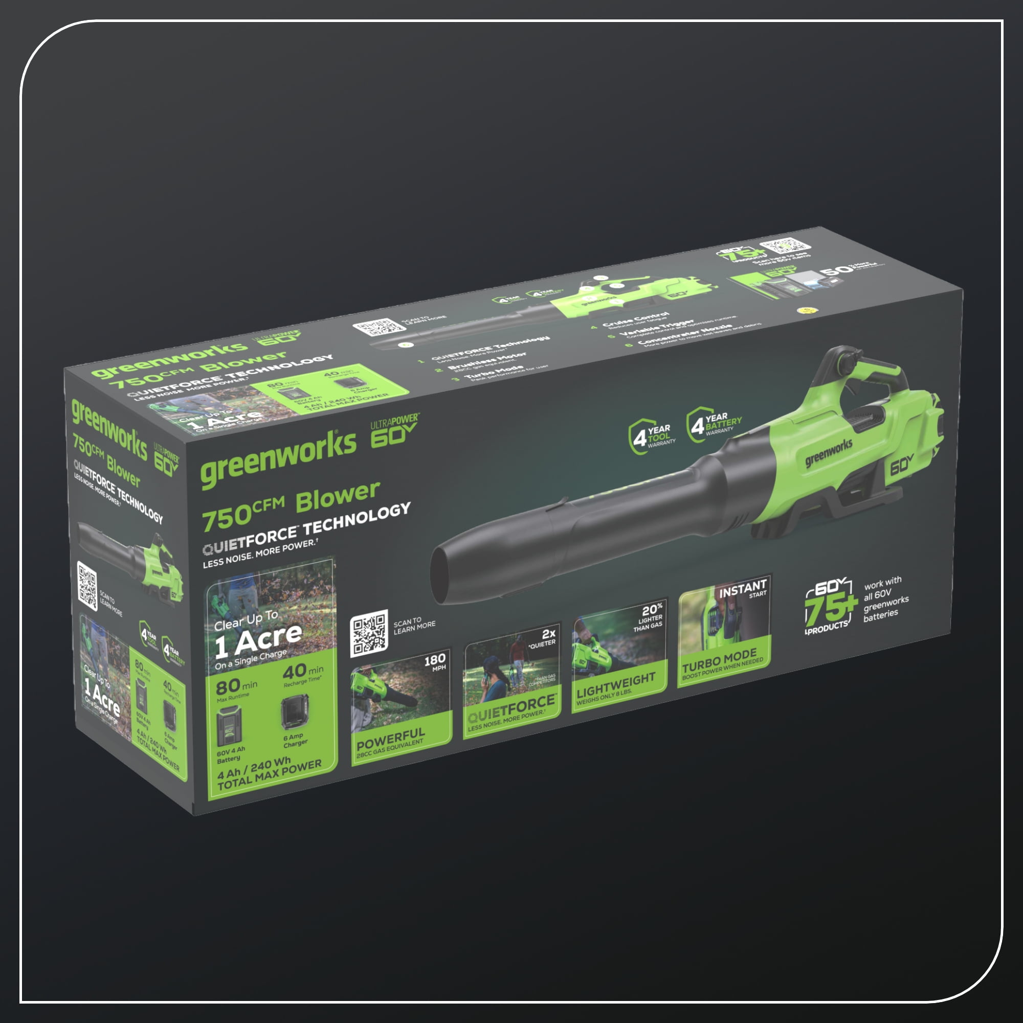 Greenworks 60V 750 CFM 180 MPH Leaf Blower with 4.0 AH HC Battery and 6 Amp Charger 2429802