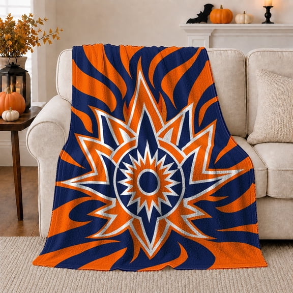Orange Blue Starburst Mandala with Zebra Wave Stripes, Bold Abstract Geometric Art for Color Lovers, Birthday Gift, Soft Flannel Blanket for Bedroom, Vivid Home Decor