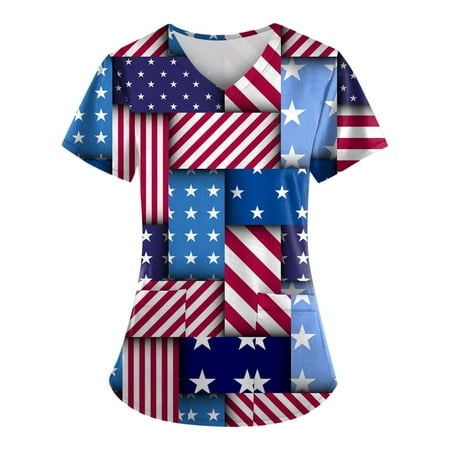 

Sksloeg Scrub Tops For Women Clearance Short Sleeve Tops Working Uniform July 4th Independence Day Star Stripes Printed Color Block Scrub_Tops Patrioti Tees Pocket Blouse Red XL