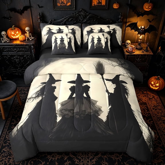 Homewish Western Witch Twin Bedding for Kids, Vintage Spooky Halloween Moon Bedding Comforter Set, Black Reversible, 7-Piece