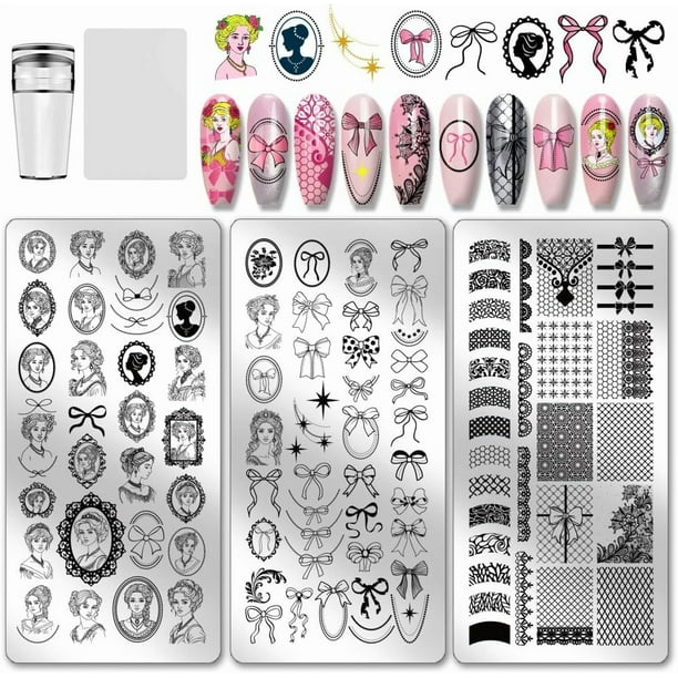 Juego de 3 placas de estampado para uñas con retrato de dama retro, plantillas para uñas con lazo, plantillas para uñas con cinta de encaje, placas de imágenes para uñas de estilo vintage.