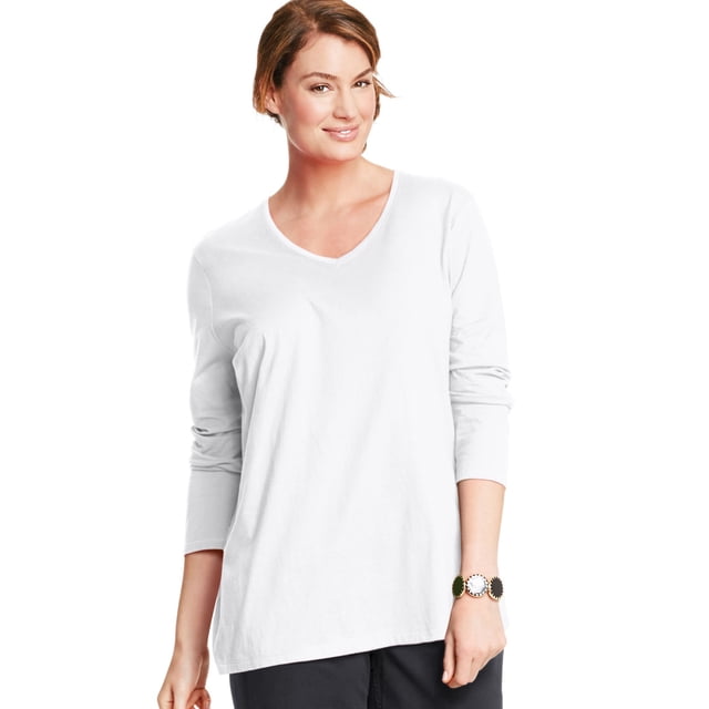 Just My Size Tee-Shirt à Manches Longues Col en V pour Femmes, 2X, Blanc