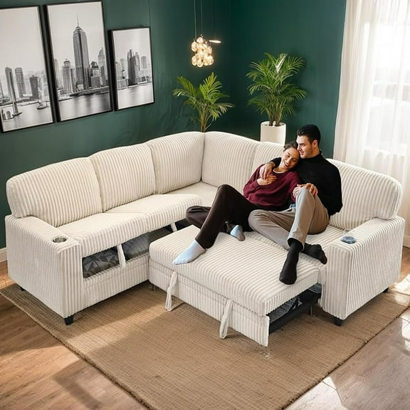 81'' Sectional Sleeper Sofa with Pull Out Bed, Convertible Corduroy Cloud Couch L Shaped 5-Seat Modular Couches with Storage Space and USB Charging, Sectional Couches for Living Room (Beige)