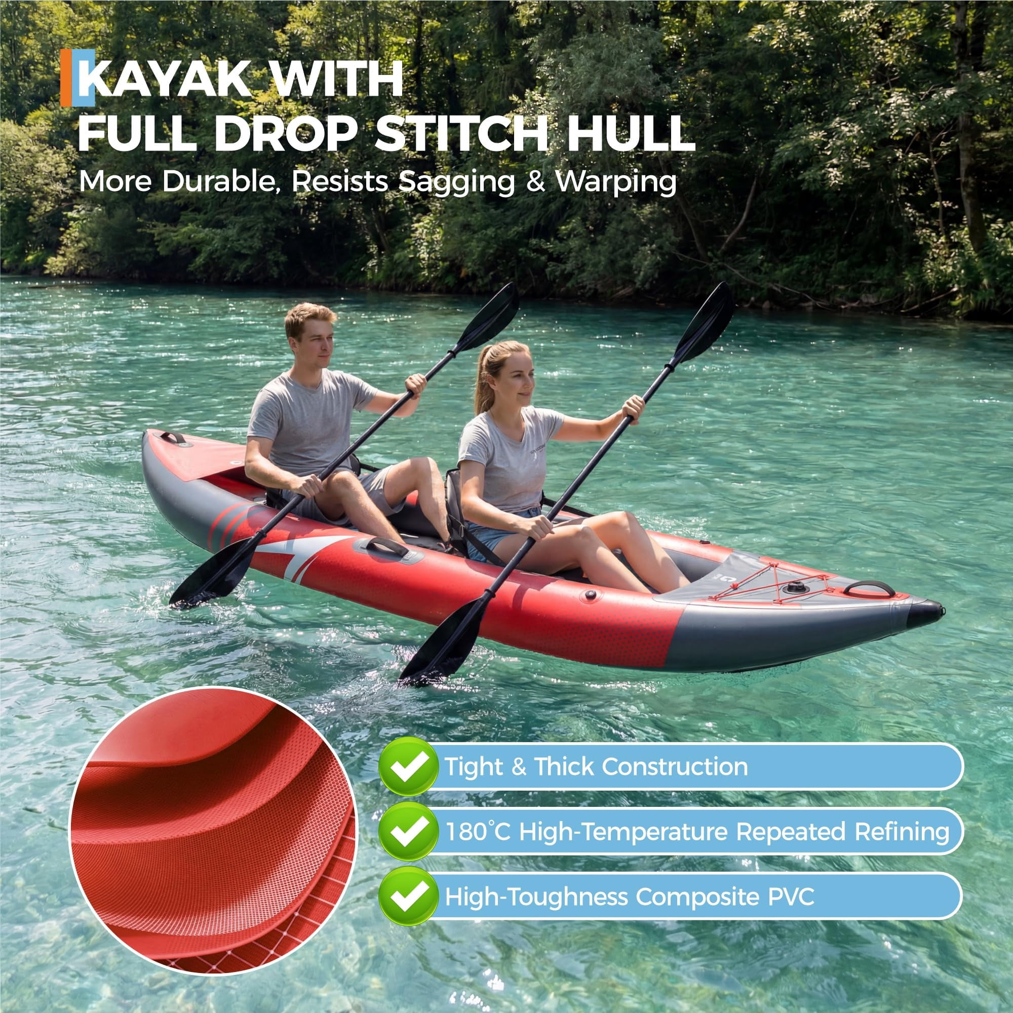 CazToi 2-Person Inflatable Kayak Set Heavy Duty PVC Blow Up Tandem Kayak Includes 2 Paddles, Pump and Seats, 12.5 Ft